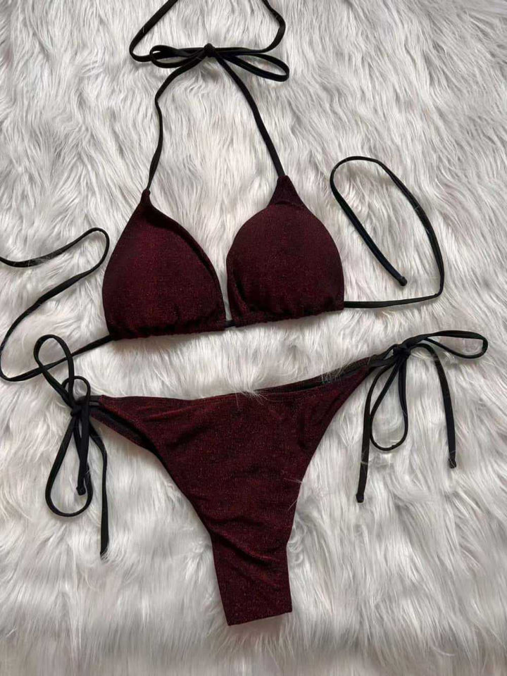 Flash Bikini Halter Lace up Split Swimsuit Sexy Backless Women Swimsuit