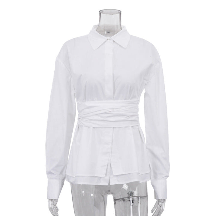 Casual Lace up Shirt Women Simple Collared Long Sleeve Cardigan Shirt French Top