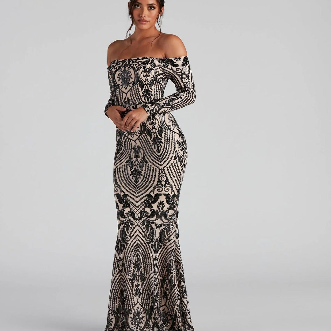 Women Elegant Sequ Sexy off Neck Dress Cocktail Evening Maxi Dress