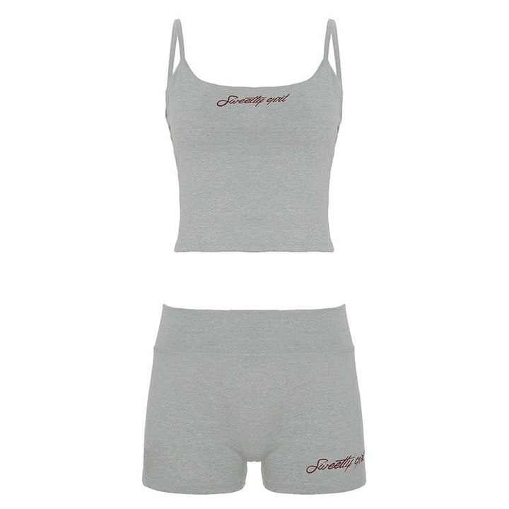 Street Casual Sports Women Slim Fit Letters Embroidered Strap Shorts Fitness Two Piece Sets Summer
