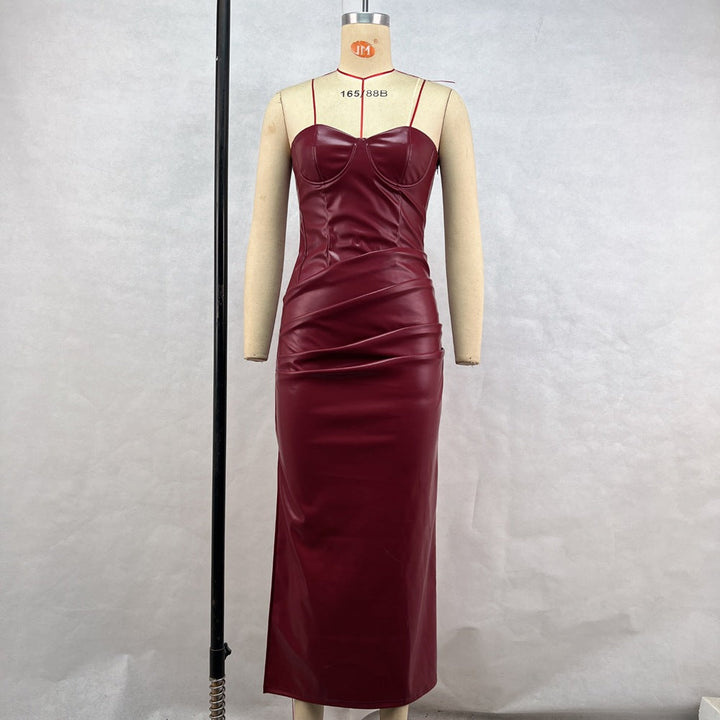 Women Clothing Elegant Faux Leather Sexy Tube Top Strap Fold Split Dress