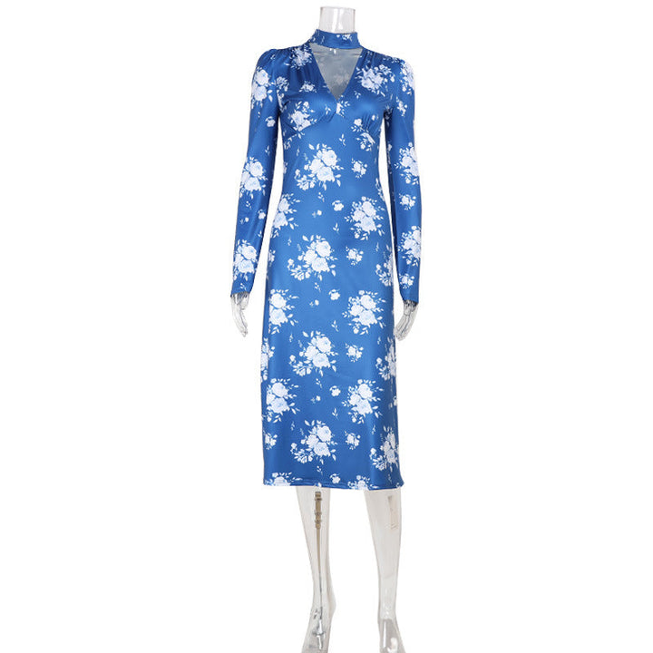 Floral Print Elegant V neck Summer Slim Fit Lightweight Thin Long Sleeve Dress Klein Blue Dress