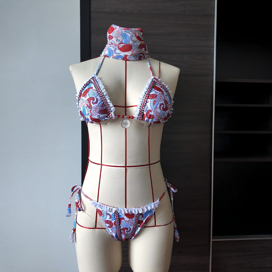 Printed Lace up Split Swimsuit Women Lace Sexy Bikini