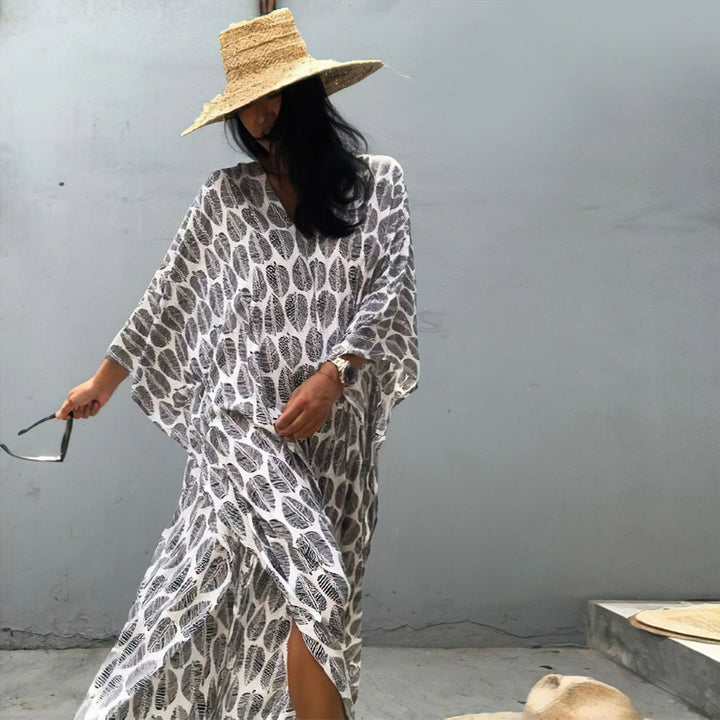 Beach Cover Up Front Back V Neck Loose Robe Seaside Vacation Skirt Bikini Sun Protection Shirt