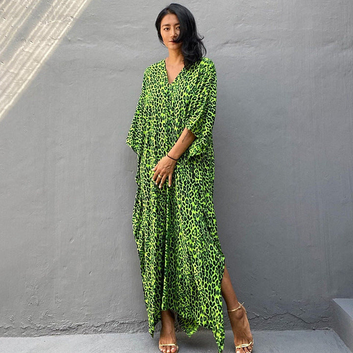 Printed Long Skirt Beach Cover up Vacation Maxi Dress Bikini Swimsuit Blouse Sun Protection Shirt