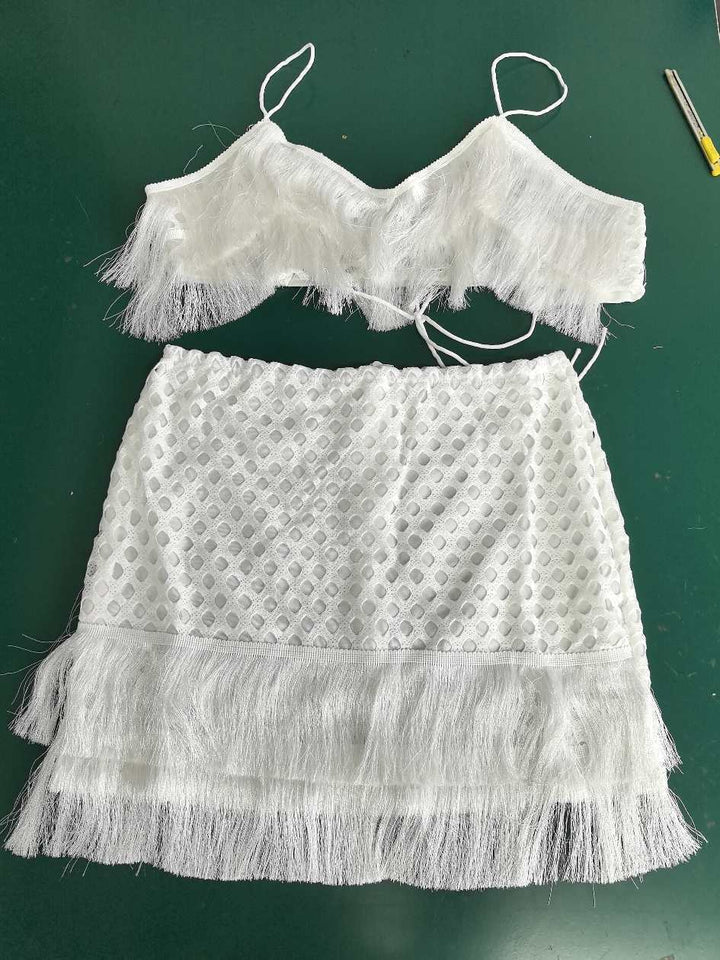 Sleeveless Split Beach Skirt Set Solid Color Tassel Sexy Shorts Strap