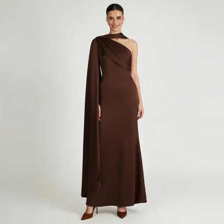 Gorgeous High End Dress Summer Asymmetric One Shoulder Pleated Waist Tight Solid Color Maxi Dress