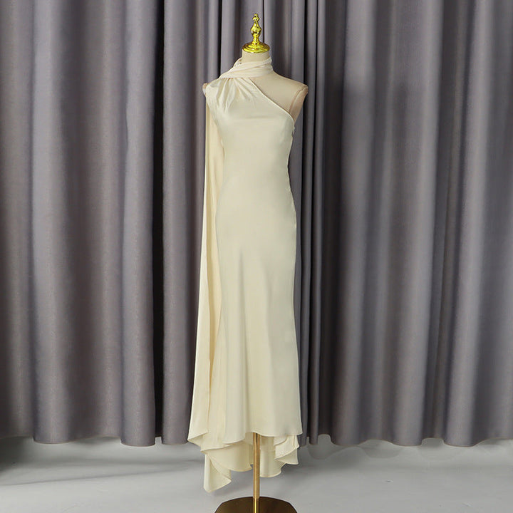 Summer Elegant Retro Solid Color off the Shoulder Dress Slim Fit Slimming Fashionable Dress Women