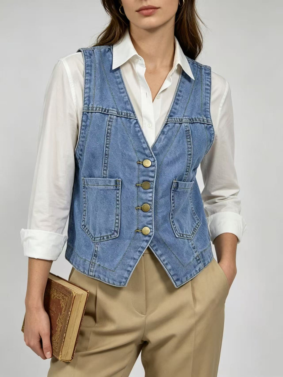 Women Sleeveless Button Slim Denim Vest