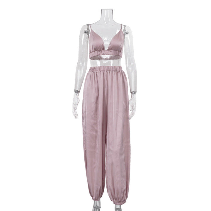 Sexy Vest Women Summer Sleeveless Sling Loose Fit Tappered Trousers Two Piece Set