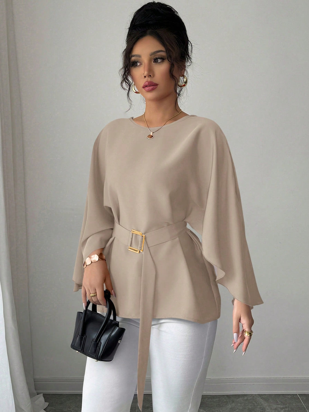 French Retro Trumpet Sleeve Round Neck Elegant Slimming Sense Design Top