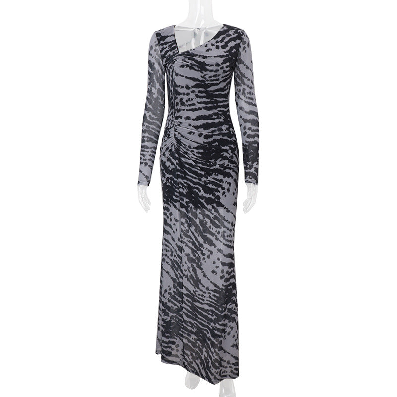 Women Clothing Autumn Retro Sexy off Shoulder Zebra Stripe Slim Fit Long Sleeve Dress Women