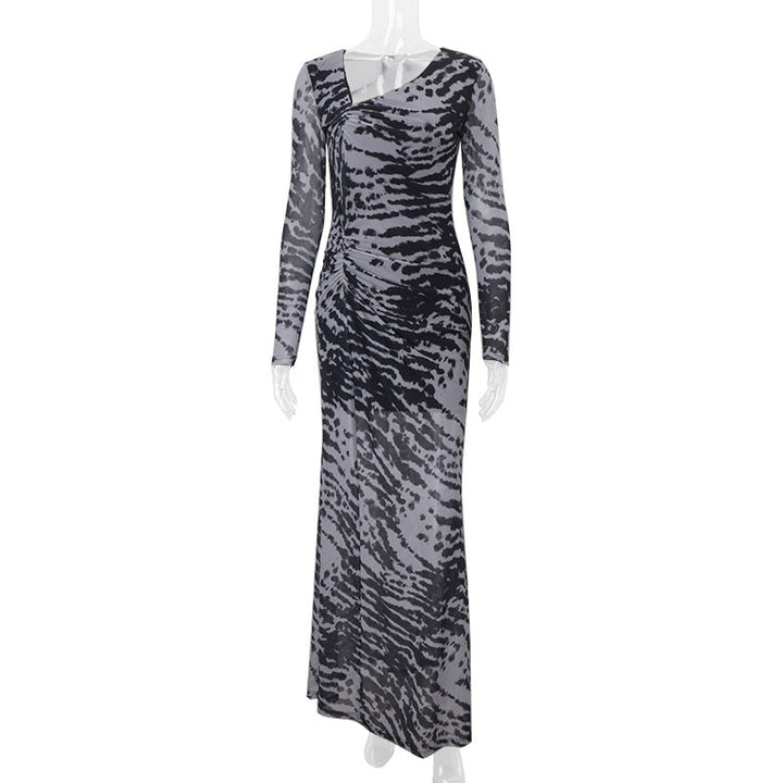 Women Clothing Autumn Retro Sexy off Shoulder Zebra Stripe Slim Fit Long Sleeve Dress Women