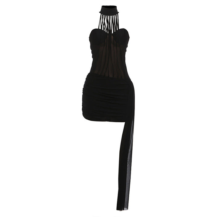 Autumn Winter Women Clothing Sexy Mesh Stitching Slim Slim Backless Halter Sheath Dress