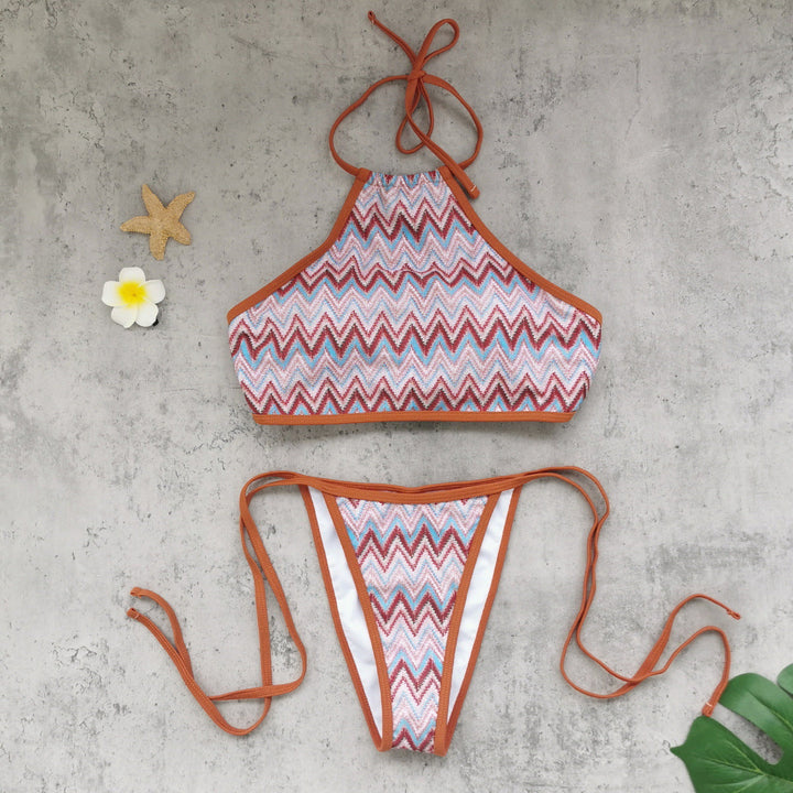 Halter Strap Sexy Backless Low Waist Tube Top Bikini Striped Printed Split Swimsuit Bikini