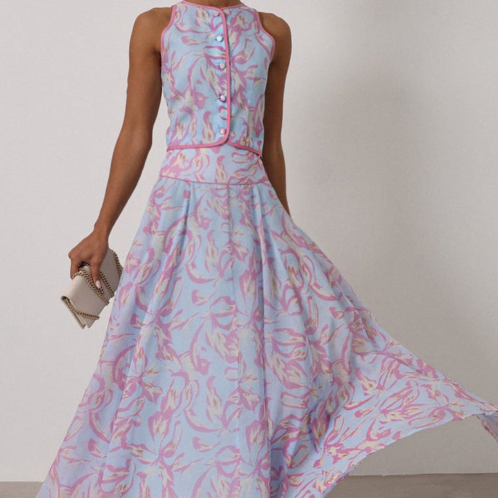 Summer Printed Skirt Set Women Arrival round Neck Sleeveless Cardigan Top Skirt Two Piece Set Commuting