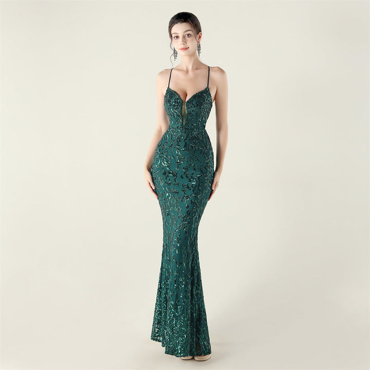 Beaded Embroidery Sequined Waist Trimming Lace up Deep V Plunge Heart Strap Evening Dress Cocktail Party