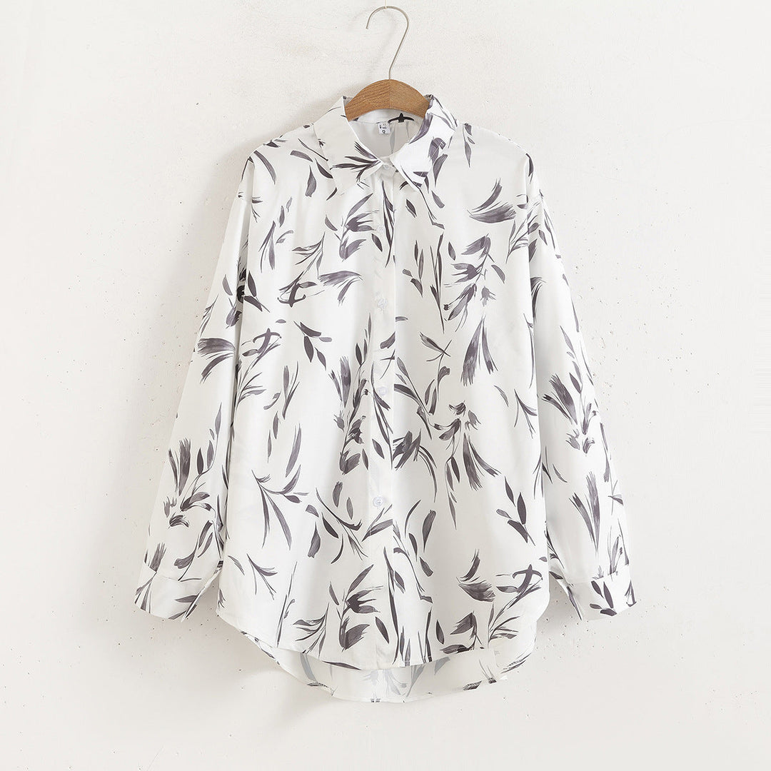 Women Floral Print Loose Collared Long Sleeves Shirt Washable ink print blouse