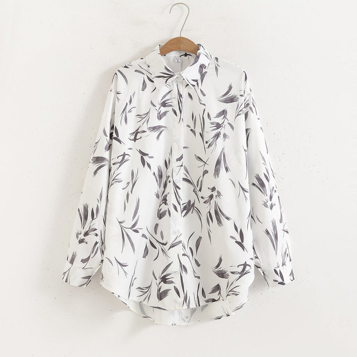 Women Floral Print Loose Collared Long Sleeves Shirt Washable ink print blouse