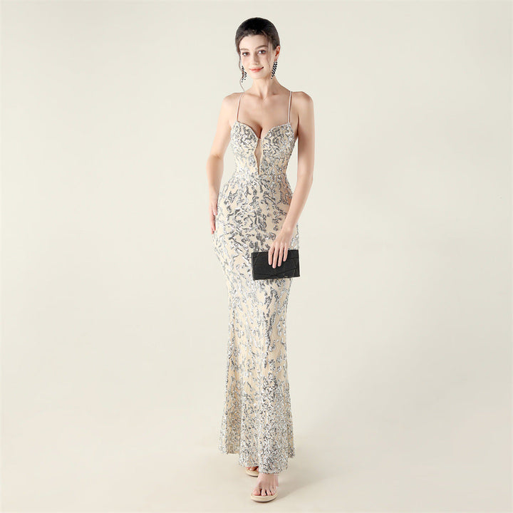 Beaded Embroidery Sequined Waist Trimming Lace up Deep V Plunge Heart Strap Evening Dress Cocktail Party