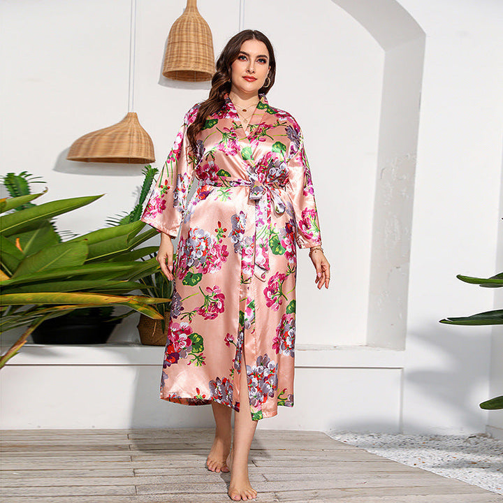 Plus Size Women Artificial Silk Satin Long Sleeved Pajamas Plump Girls Wearable Home