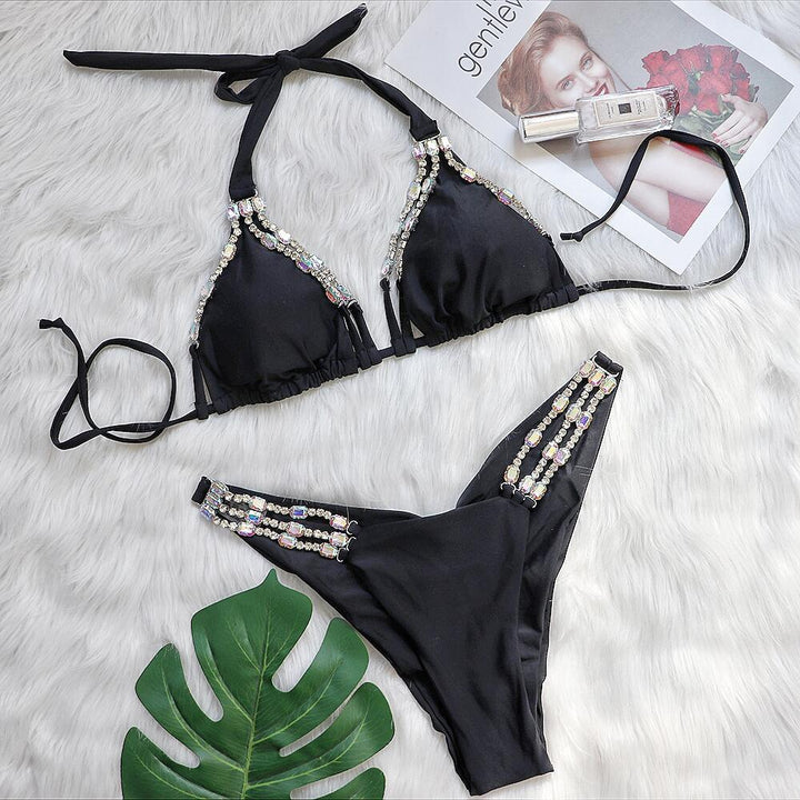 Sexy Metal Accessories Rhinestone Women Split Swimwear Vacation Bikini Plain Bandage Swimsuit