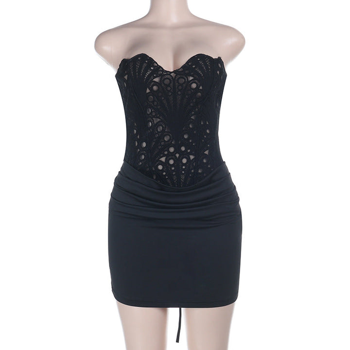Waist Slimming Sexy Tube Top Hollow Out Cutout Lace Dress
