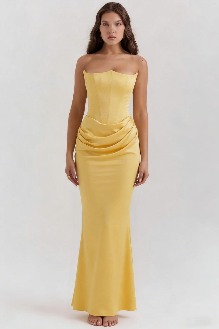 Dress Elegant Sexy Waist Trimming Tube Top Boning Corset Pleated Satin Sheath Dress
