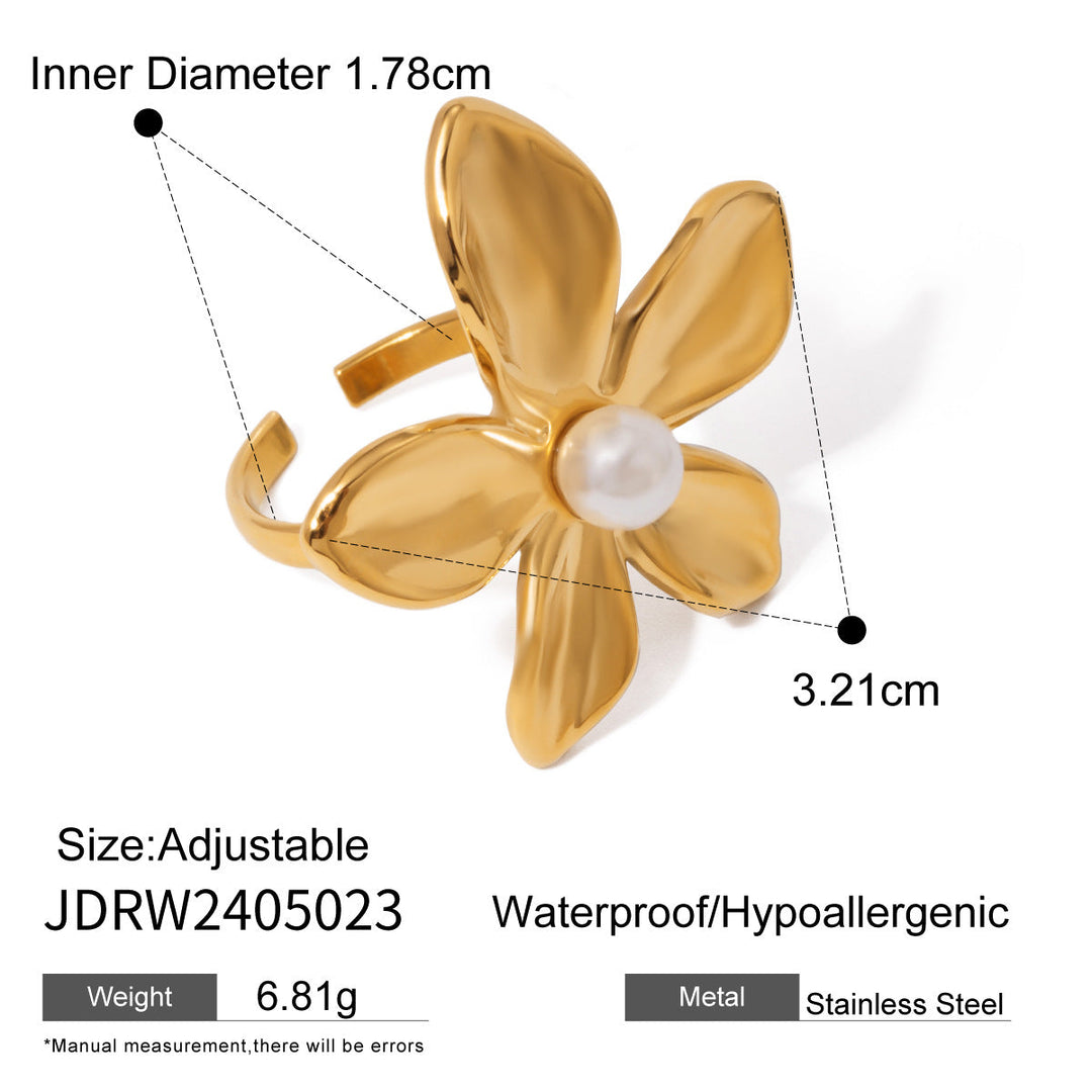 Stainless Steel Floral Pearl Ring Exaggerated High Sense Ring Titanium Steel Rings Ornament
