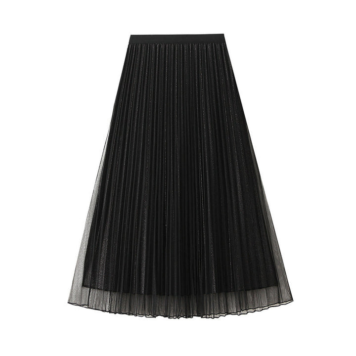 Women Autumn Mid Length Elastic Waist Mesh Skirt Reverse High Waist Slimming Pleated Skirt