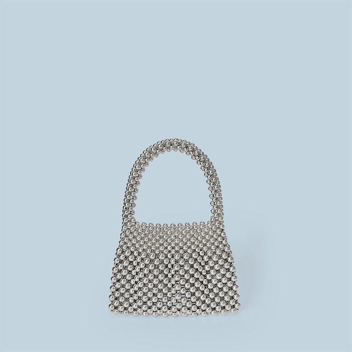 Celebrity Same Niche Vintage Metal Portable Bright Silver Generous Handmade Beaded Production Sparkle Silver Pearl Bag