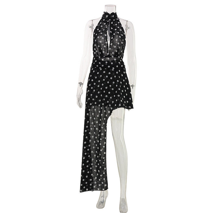 Summer Women Wear Sleeveless Halter Chest Hollow Out Cutout out All Match Polka Dot Irregular Asymmetric Mop Dress Waist Tight Dress