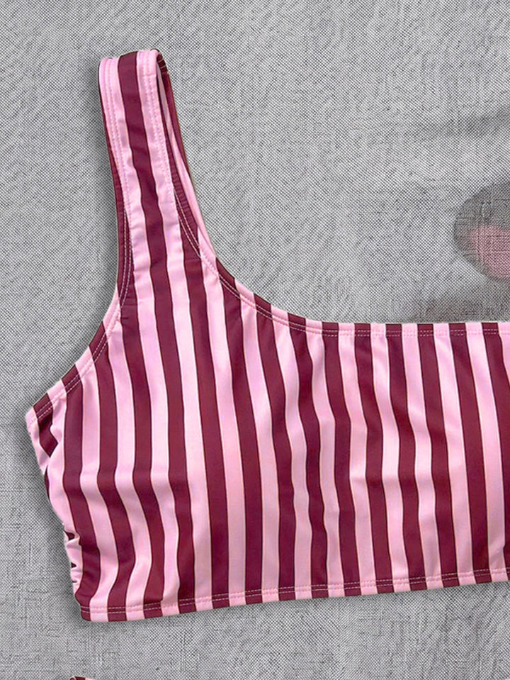 Bikini Pink Striped One Shoulder Tube Top Bikini Sexy Backless Low Waist Split Swimsuit