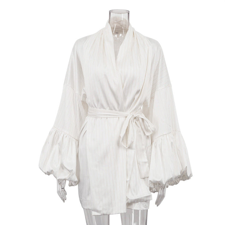 Women Clothing Striped Loose Casual Dress V neck Puff Sleeve Lace up Satin Drape A line Dress