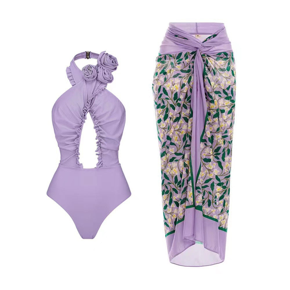 Lonkey French Two Sets Women Swimsuit Solid Color Flying Edge Cross Hollow Out Cutout-out Swimsuit Women