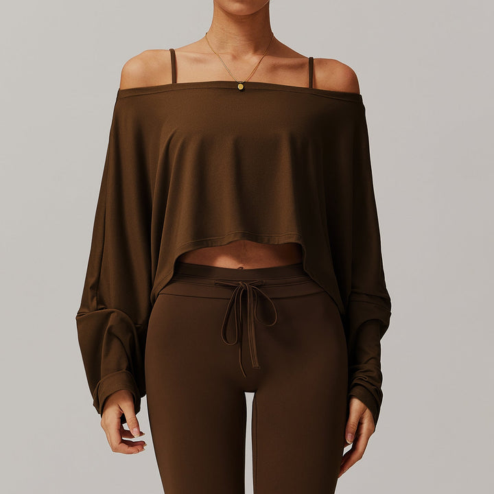 Sollinarry Fitness Sports Long-Sleeved Top Women off Shoulder Batwing Sleeve Outer Wear Casual Long Sleeves Yoga Clothes Blouse