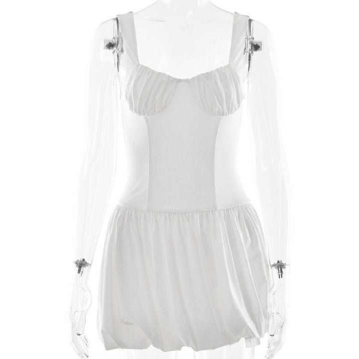 Strap Tube Top Dress Sexy Waist Trimming Solid Color Pleated Sleeveless Dress