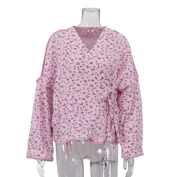 Champray Printed Loose Top V neck Long Sleeve Lace up Cardigan Shirt Women Clothing