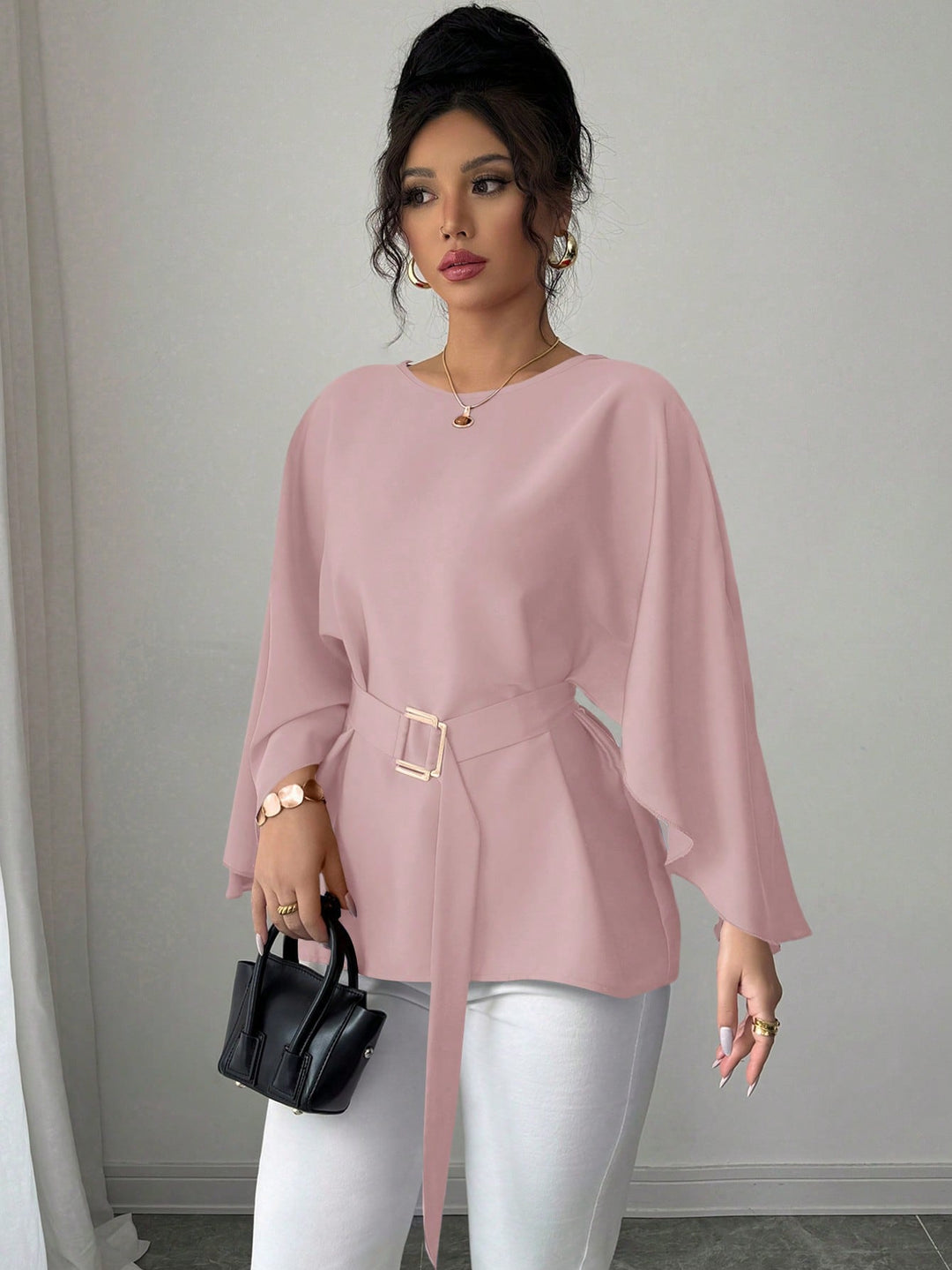 French Retro Trumpet Sleeve Round Neck Elegant Slimming Sense Design Top