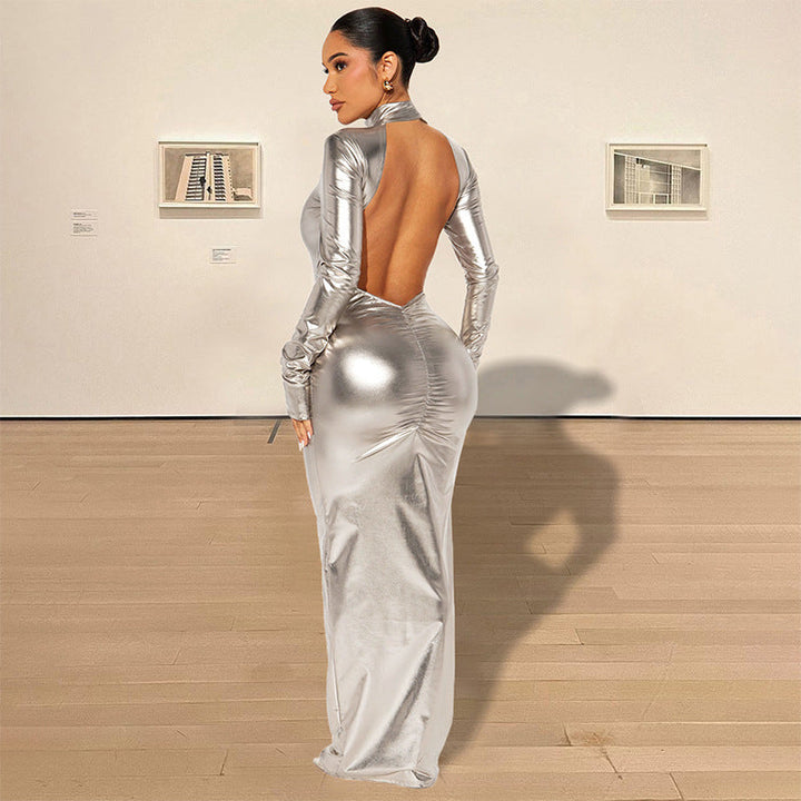 Autumn Winter Metallic Sexy Backless Skinny Slimming Slim Dress Women Metallic Coated Fabric Dress