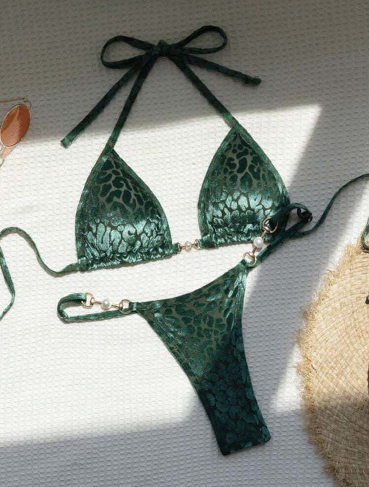 Sexy T Shaped Pearl Leopard Special Fabric Swimwear Swimsuit Bikini