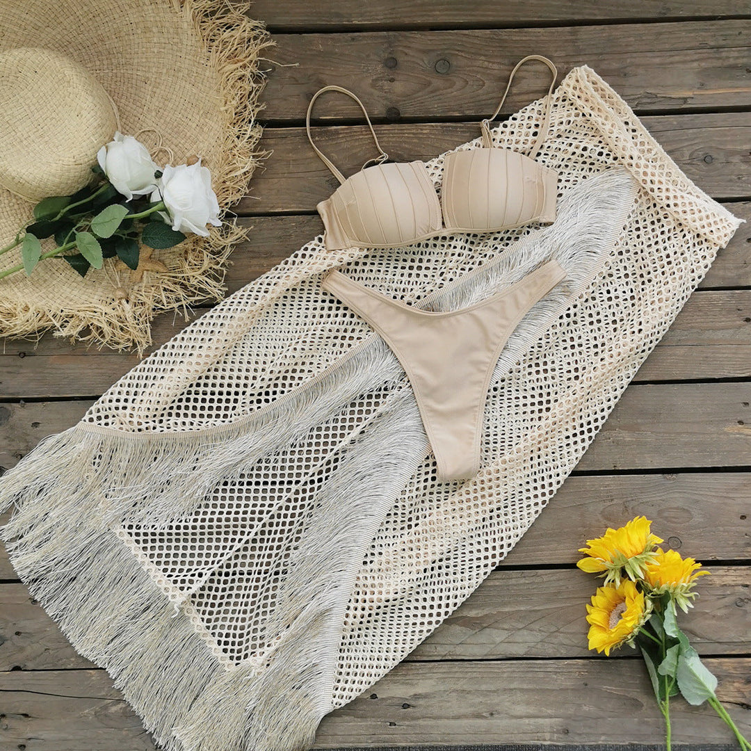 Bikini Half Length Tulle Skirt Tassel Three Piece Set Sexy Split Swimsuit Beach
