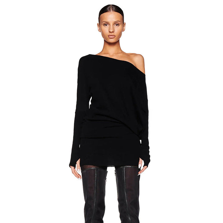 Women Clothing Autumn Personalized One Shoulder Cold Shoulder Long Sleeve Faux Two Piece Waist Slimming Hip