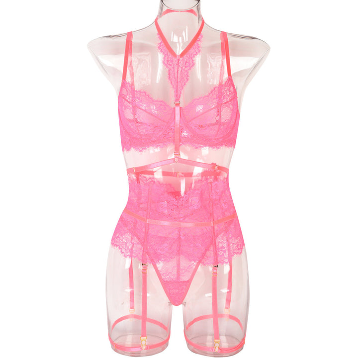 Sexy Three Piece Summer Lace Eyelash Lace Stitching with Halter Foot Ring