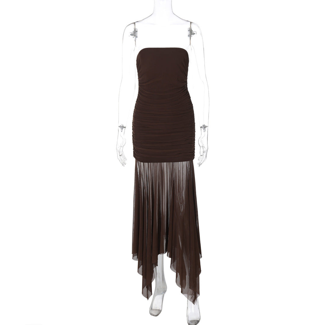Women Clothing Spring Sexy Tube Top off Neck Mesh Stitching Dress
