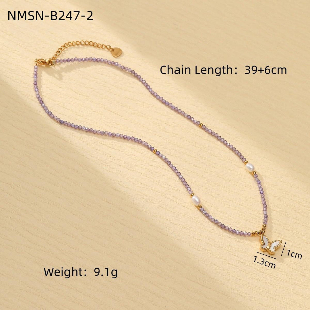 Colorful Freshwater Pearl Natural Stone Handmade Beaded Titanium Steel Necklace Niche Design Butterfly Embellished
