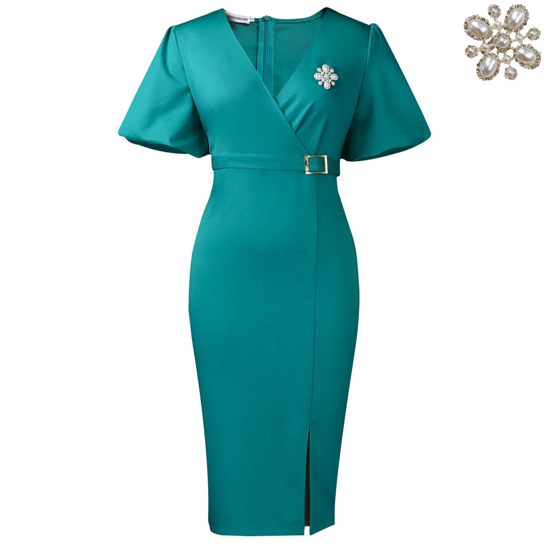 African Women Clothing Lantern Sleeve Summer V neck Hip Office Split Dress
