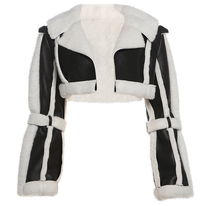 Women Clothing Street Faux Leather Stitching Short Fur Collar Cropped Coat