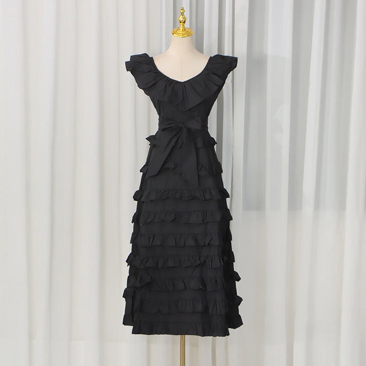 Summer Elegant Retro Flying Sleeves V neck Waist Controlled Slimming Solid Color Tiered Dress Women