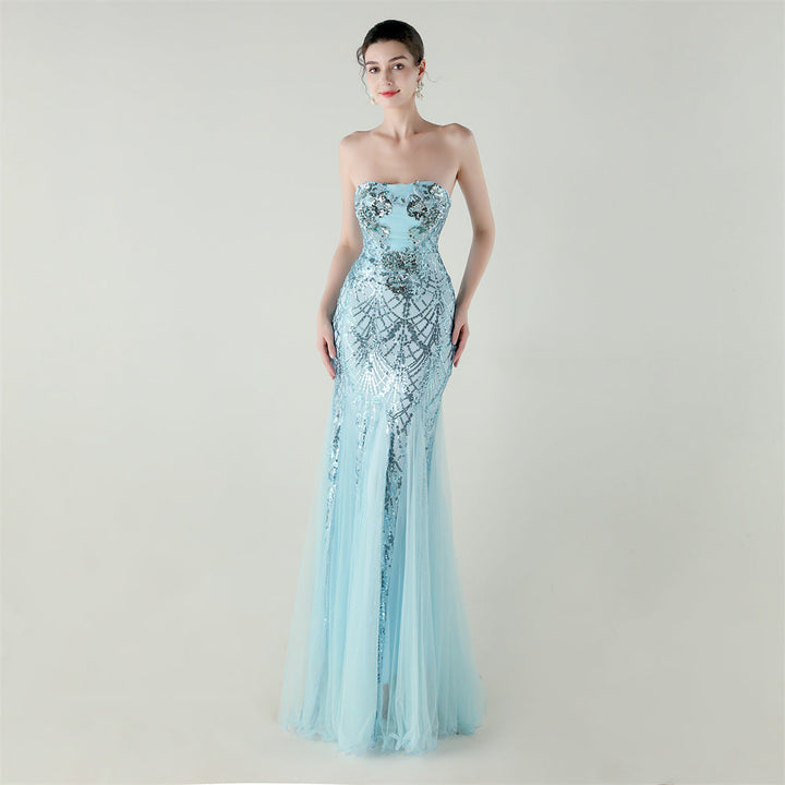 Tube Top Cross Strap Beaded Tube Floral Sequin Mesh Evening Dress Cocktail Wedding Social Elegant Clothing